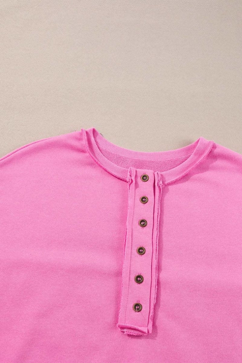 Bonbon Sequin Patchwork High Low Hem Henley Sweatshirt - Love Salve